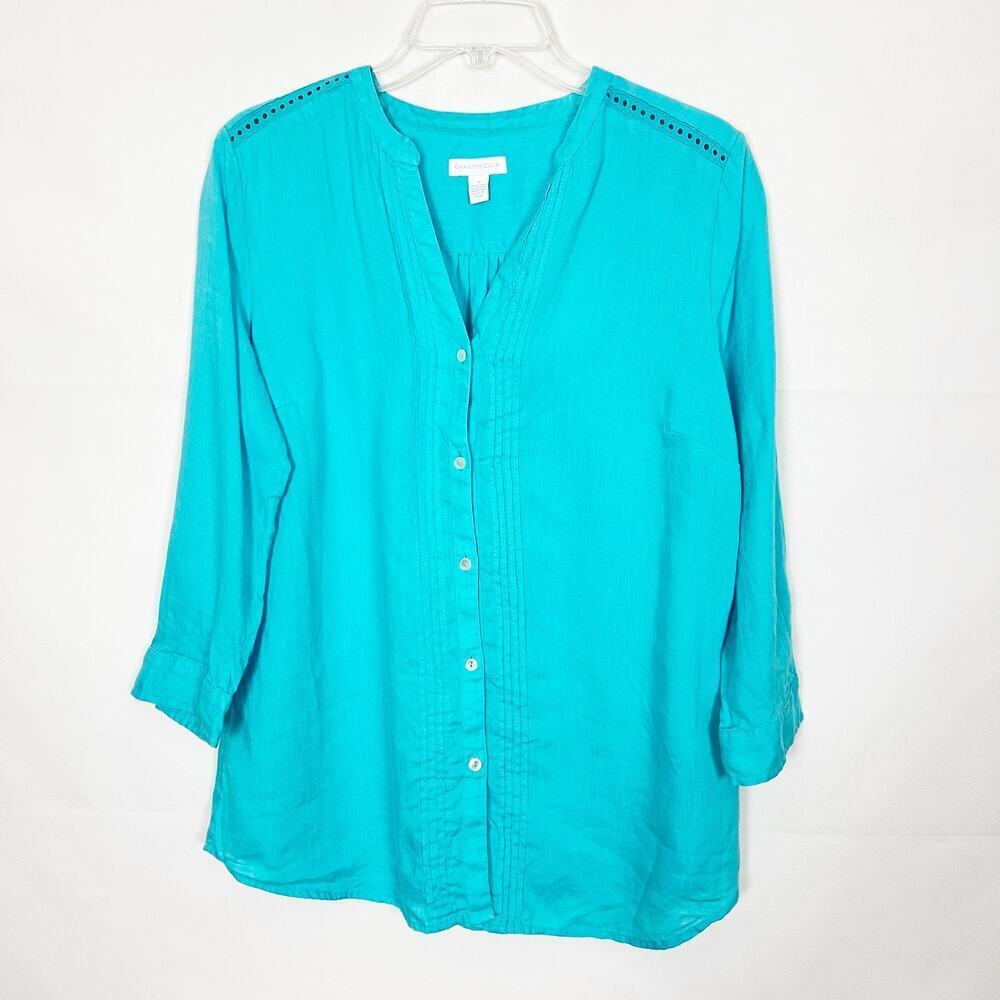 Charter Club Womens 100% Linen Aqua Blue Button Down Vacation Shirt Sz Medium